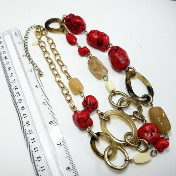 Chico's Red Gemstone Gold Tone Metal Chain Lucite Rings Necklace or Belt, 43 In - Picture 5 of 8
